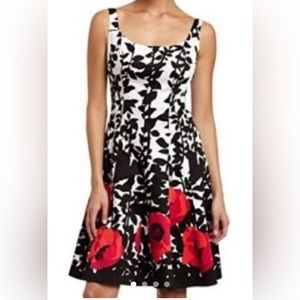 Nine West Fit and Flare Black White Floral Red Poppy Dress. Size: 10